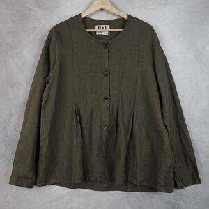 Flax Jacket Top Womens Medium Olive Green Linen Button Front Pleated Lagenlook